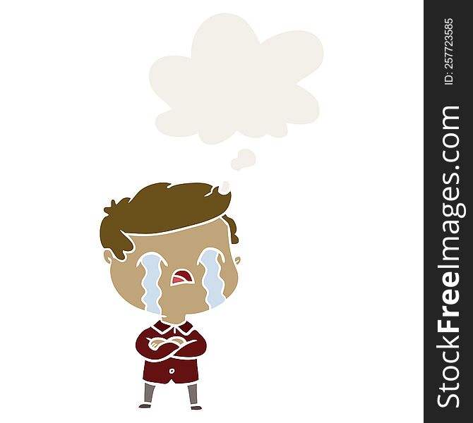 Cartoon Man Crying And Thought Bubble In Retro Style