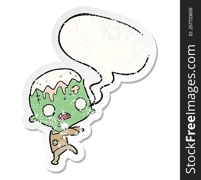 Cute Cartoon Zombie And Speech Bubble Distressed Sticker