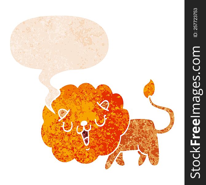 Cute Cartoon Lion And Speech Bubble In Retro Textured Style
