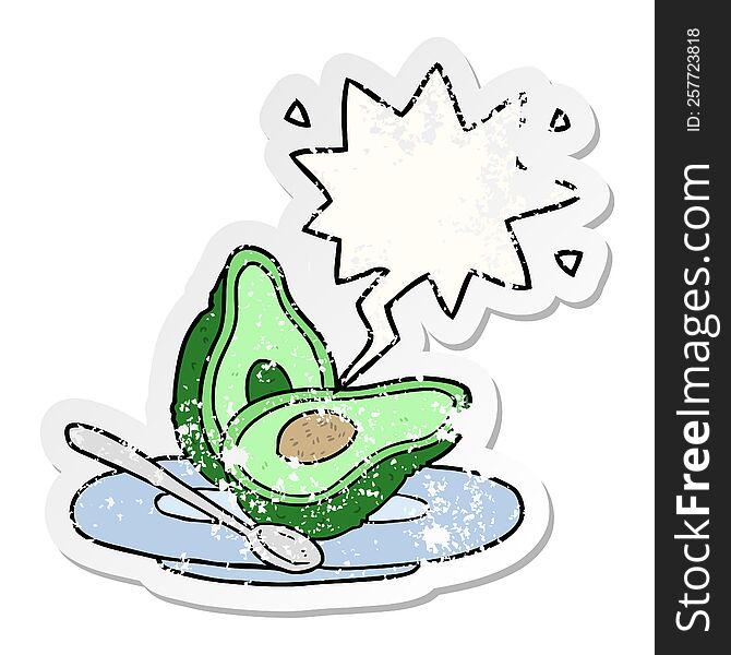 cartoon halved avocado and speech bubble distressed sticker