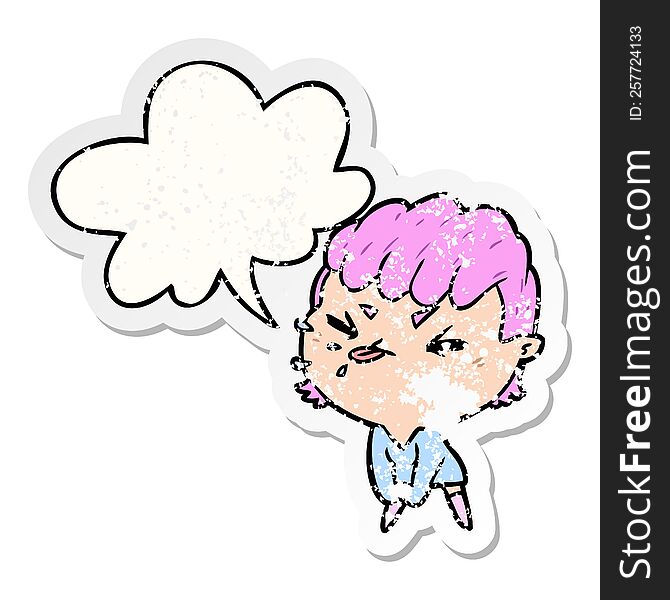 Cute Cartoon Rude Girl And Speech Bubble Distressed Sticker