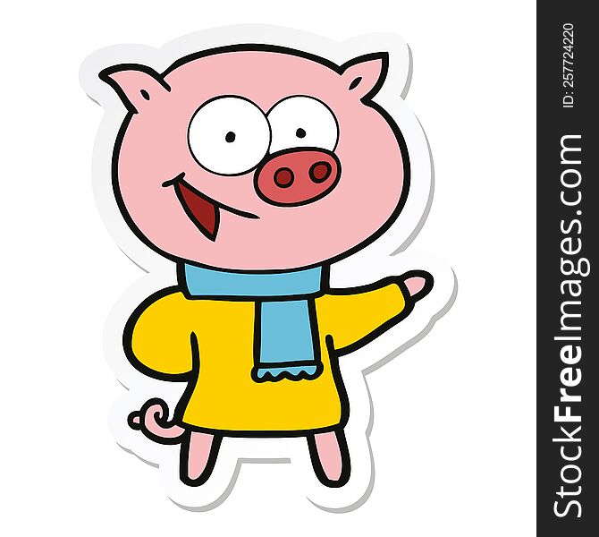 sticker of a cheerful pig wearing winter clothes cartoon