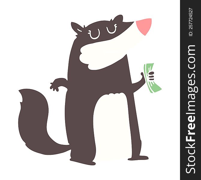 flat color style cartoon badger holding cash