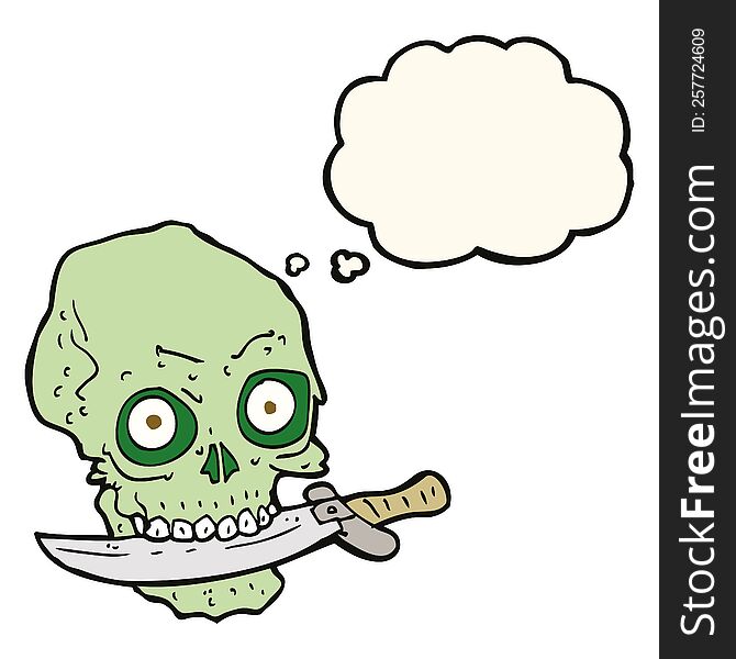 cartoon pirate skull with knife in teeth with thought bubble