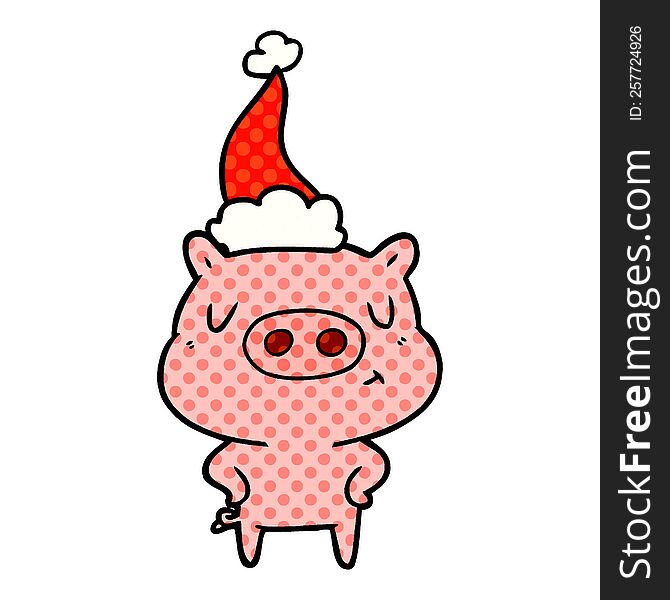 Comic Book Style Illustration Of A Content Pig Wearing Santa Hat