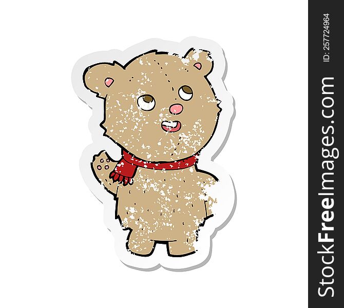 retro distressed sticker of a cartoon cute teddy bear with scarf