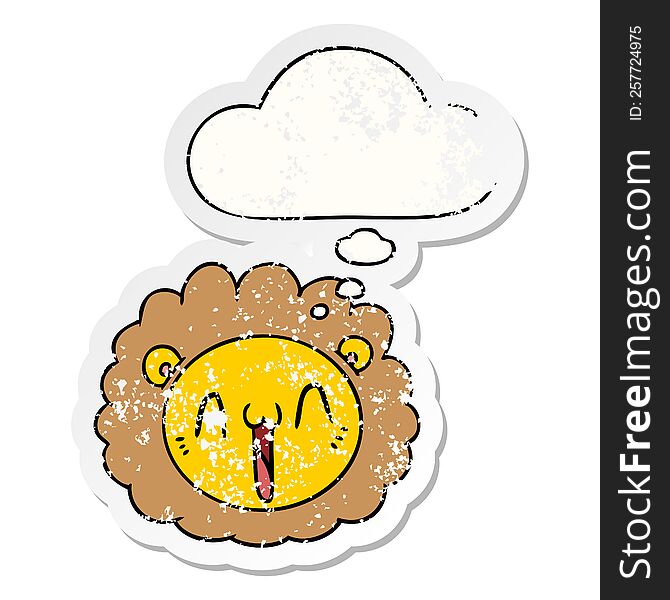 Cartoon Lion Face And Thought Bubble As A Distressed Worn Sticker