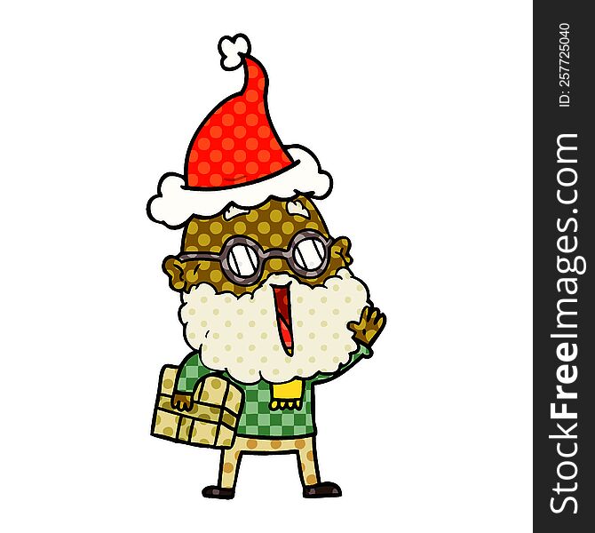 hand drawn comic book style illustration of a joyful man with beard and parcel under arm wearing santa hat