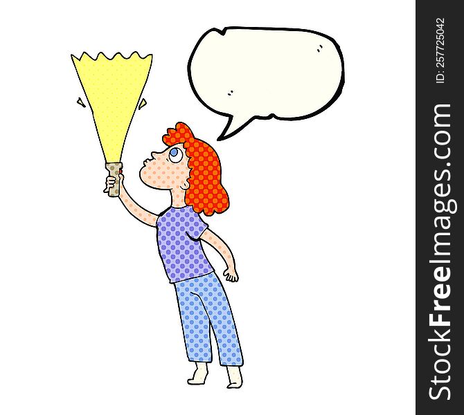 freehand drawn comic book speech bubble cartoon woman searching with torch