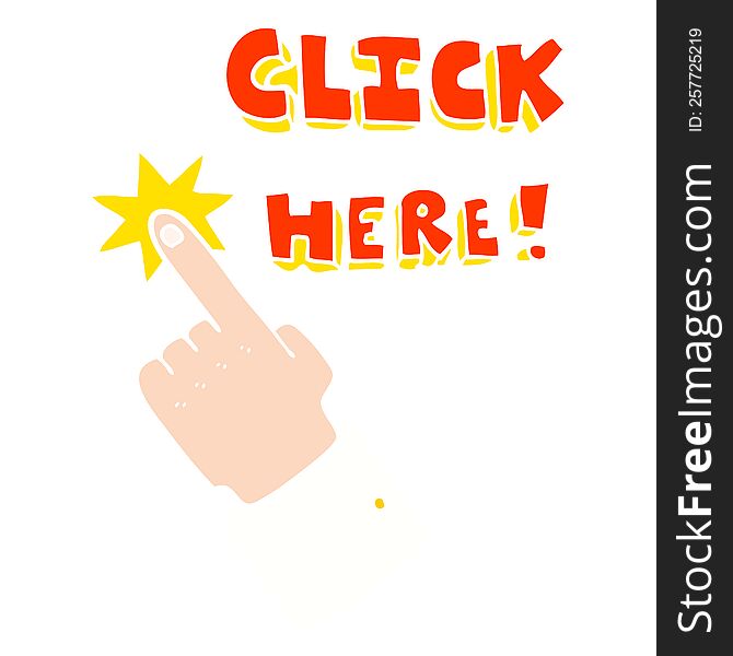 flat color illustration of click here sign with finger. flat color illustration of click here sign with finger