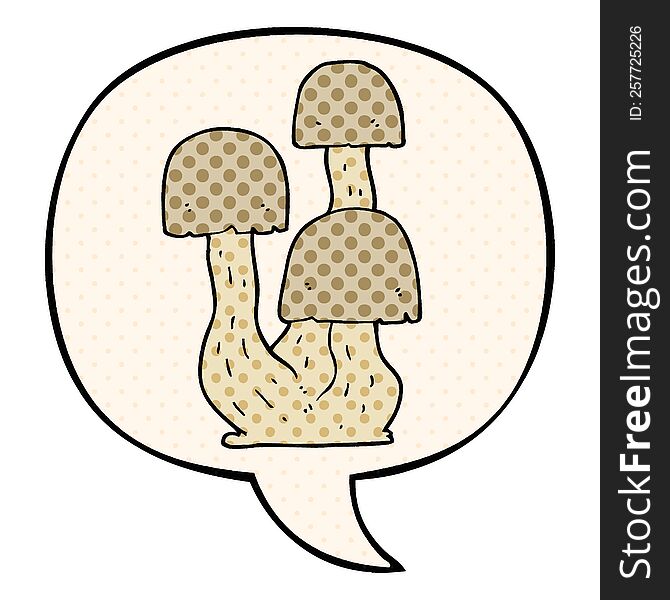 cartoon mushroom with speech bubble in comic book style
