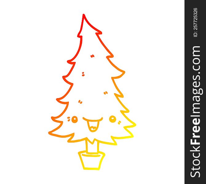 warm gradient line drawing of a cute cartoon christmas tree