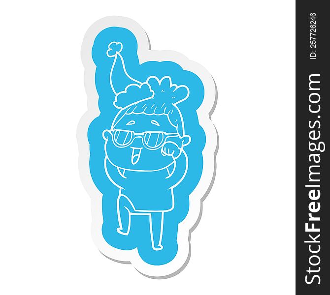 quirky cartoon  sticker of a happy woman wearing spectacles wearing santa hat
