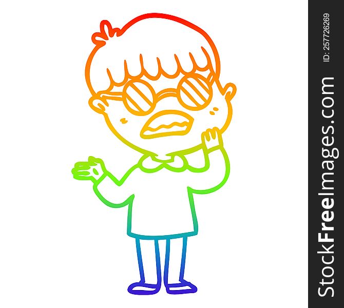 Rainbow Gradient Line Drawing Cartoon Confused Boy Wearing Spectacles