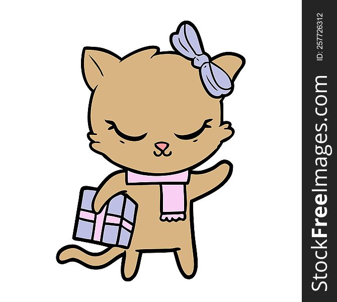 cute cartoon cat with present. cute cartoon cat with present