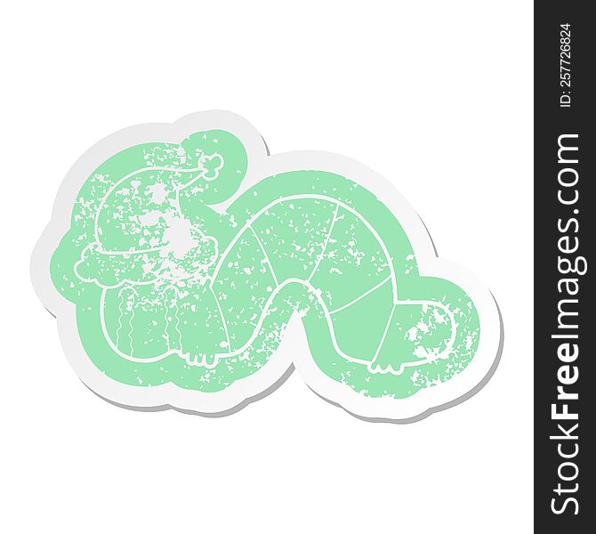 Cartoon Distressed Sticker Of A Caterpillar Obsessing Over His Regrets Wearing Santa Hat