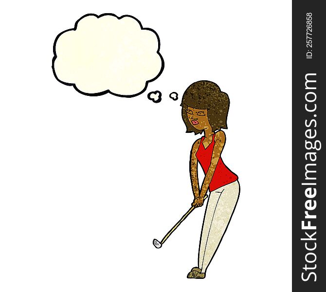 cartoon woman playing golf with thought bubble