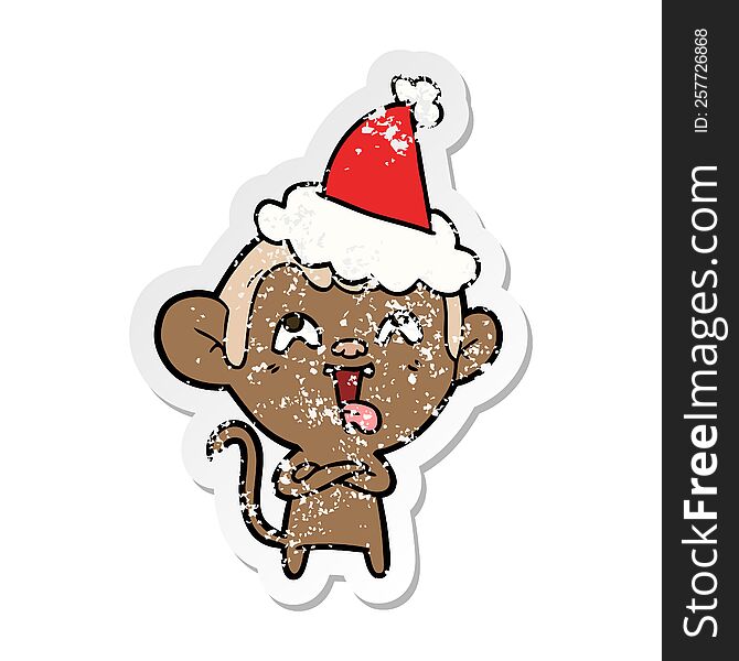 Crazy Distressed Sticker Cartoon Of A Monkey Wearing Santa Hat