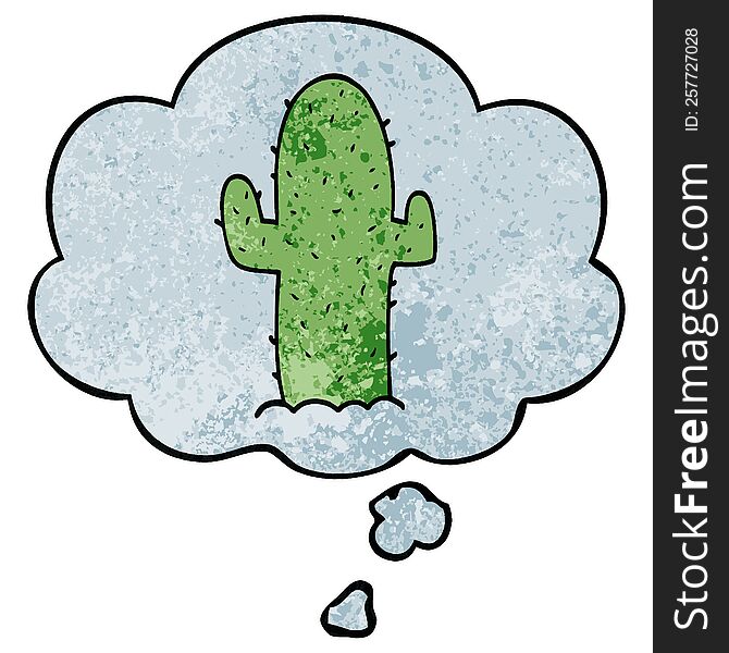 Cartoon Cactus And Thought Bubble In Grunge Texture Pattern Style