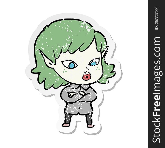 Distressed Sticker Of A Pretty Cartoon Elf Girl