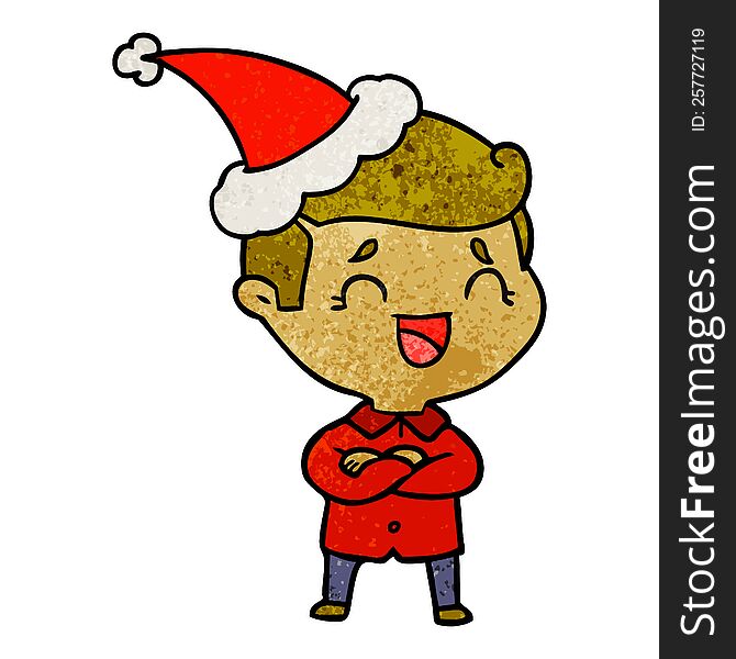 hand drawn textured cartoon of a laughing man wearing santa hat