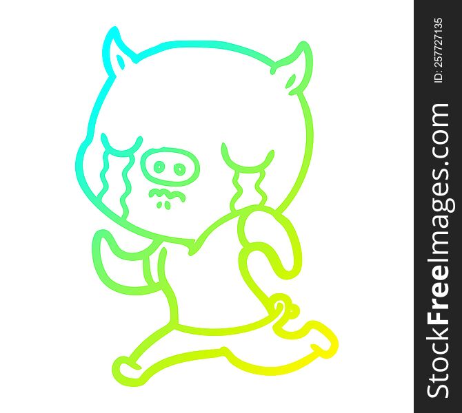 Cold Gradient Line Drawing Cartoon Pig Crying Running Away