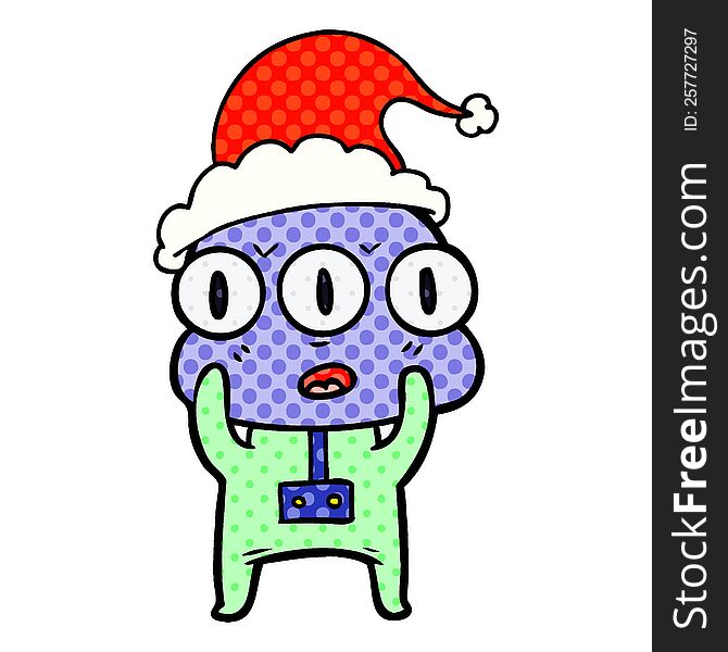 hand drawn comic book style illustration of a three eyed alien wearing santa hat