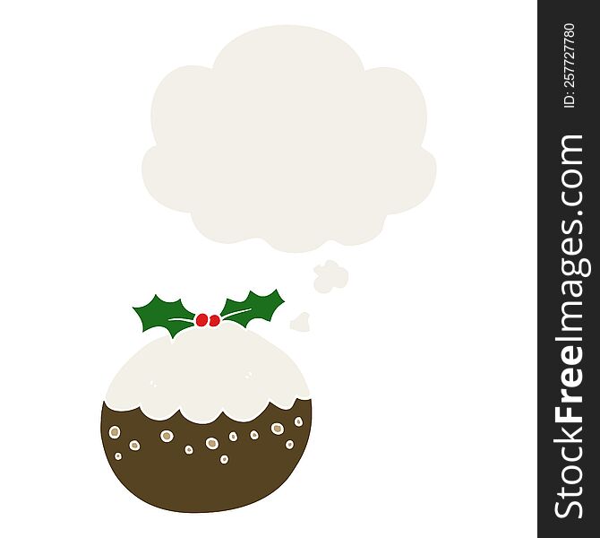 cartoon christmas pudding with thought bubble in retro style