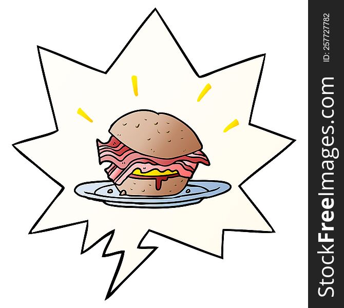 Cartoon Amazingly Tasty Bacon Breakfast Sandwich And Cheese And Speech Bubble In Smooth Gradient Style