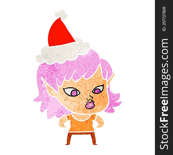 Pretty Retro Cartoon Of A Elf Girl Wearing Santa Hat