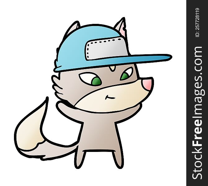 friendly cartoon wolf wearing trucker cap. friendly cartoon wolf wearing trucker cap