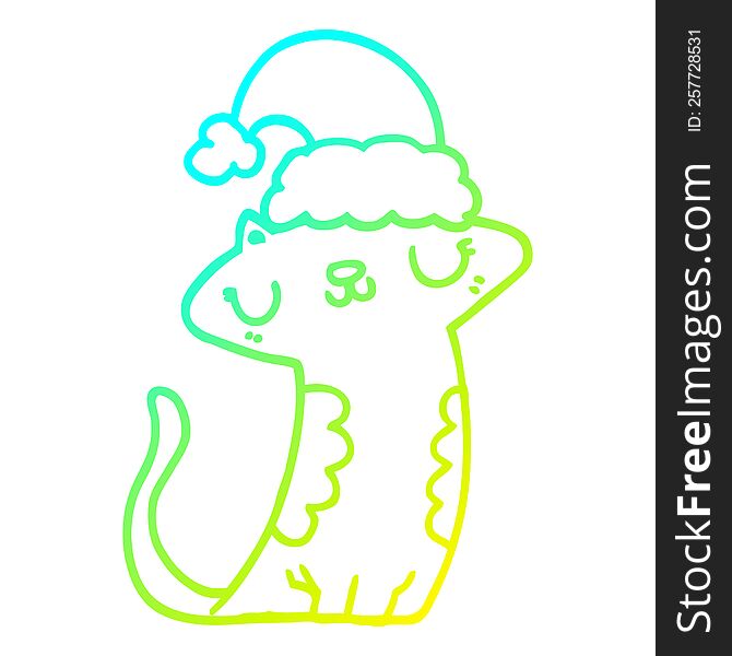 cold gradient line drawing cute cartoon cat wearing christmas hat