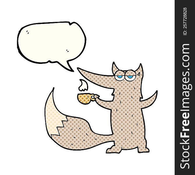 freehand drawn comic book speech bubble cartoon wolf with coffee cup