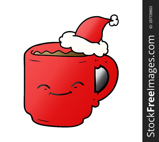 hand drawn gradient cartoon of a coffee mug wearing santa hat