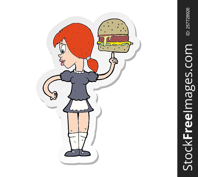 Sticker Of A Cartoon Waitress Serving A Burger