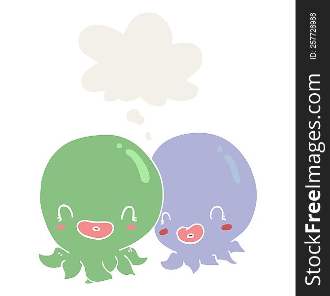 Two Cartoon Octopi  And Thought Bubble In Retro Style