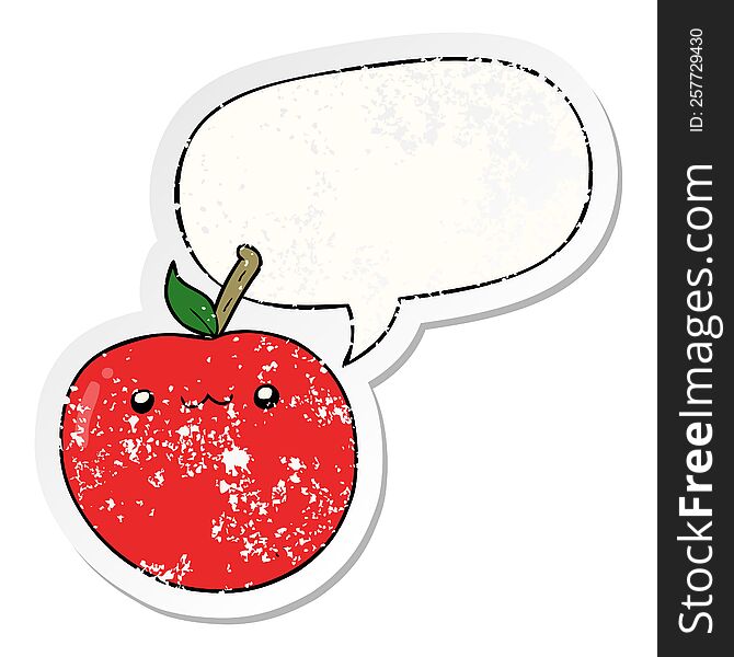 cartoon cute apple with speech bubble distressed distressed old sticker. cartoon cute apple with speech bubble distressed distressed old sticker