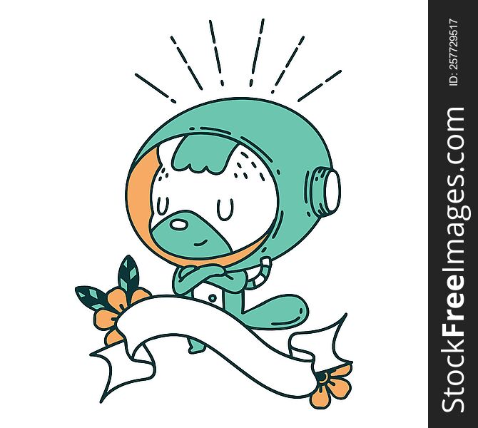 scroll banner with tattoo style animal in astronaut suit