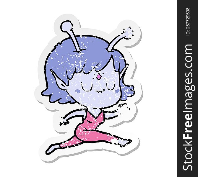 distressed sticker of a cartoon alien girl jumping
