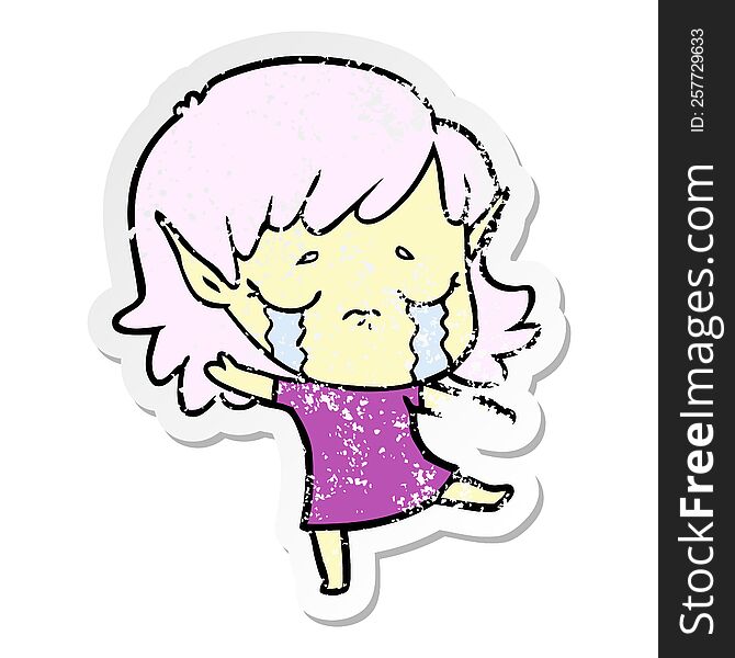 Distressed Sticker Of A Cartoon Crying Elf Girl