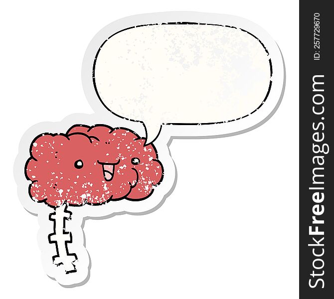 happy cartoon brain with speech bubble distressed distressed old sticker. happy cartoon brain with speech bubble distressed distressed old sticker