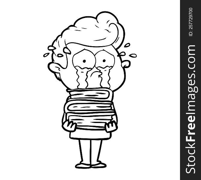 cartoon crying student with stack of books. cartoon crying student with stack of books