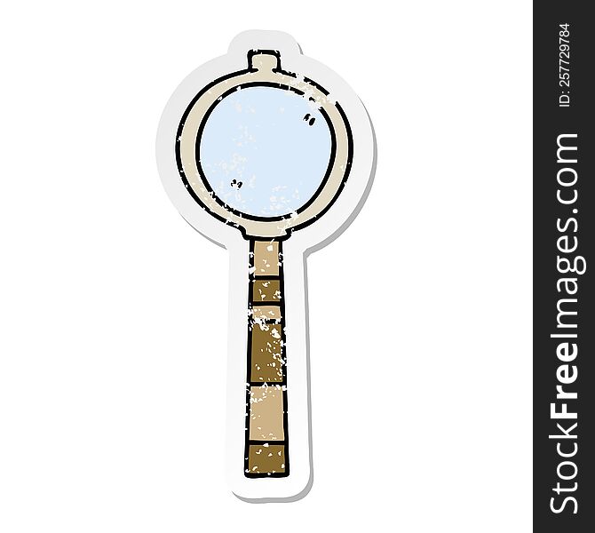 distressed sticker of a quirky hand drawn cartoon magnifying glass