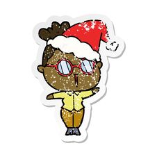 Distressed Sticker Cartoon Of A Woman Wearing Spectacles Wearing Santa Hat Royalty Free Stock Photo