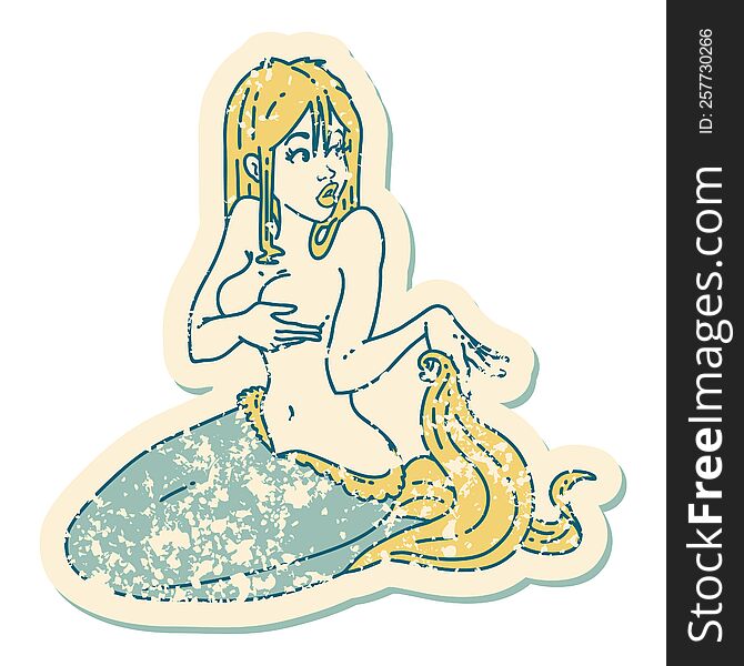 distressed sticker tattoo style icon  of a surprised mermaid