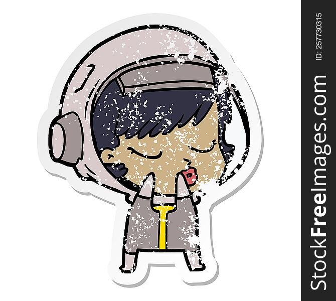 distressed sticker of a shy cartoon pretty astronaut girl