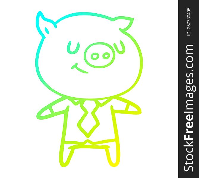 cold gradient line drawing of a happy cartoon smart pig