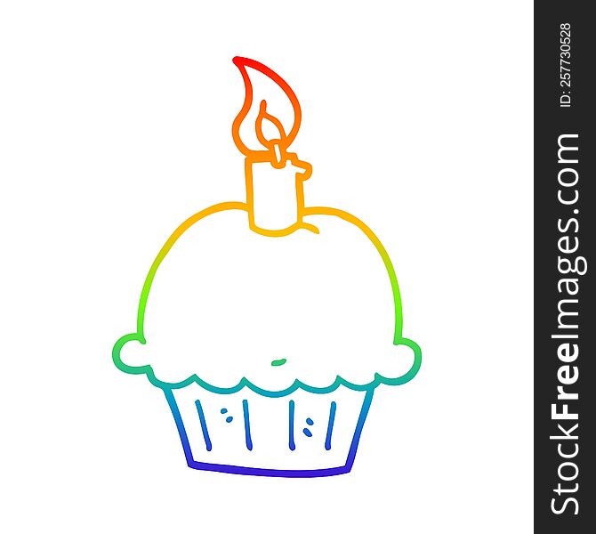 rainbow gradient line drawing of a cartoon birthday cupcake