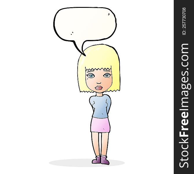 cartoon serious girl with speech bubble