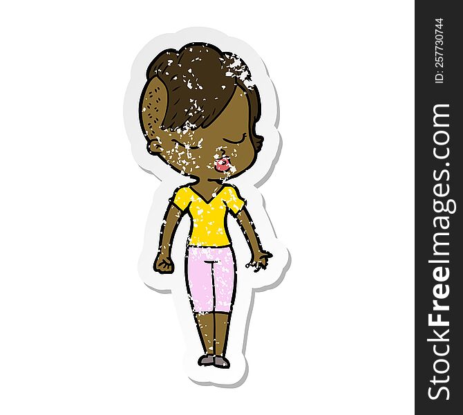 Distressed Sticker Of A Cartoon Pretty Hipster Girl